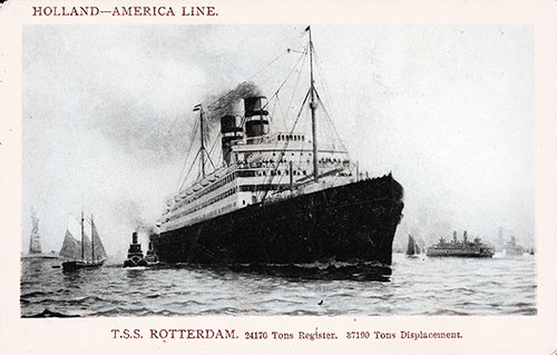 Picture Postcard of the Holland-America Line TSS Rotterdam. 24,170 Tons Register. 37,190 Tons Displacement. Postally Used on 1 May 1909.