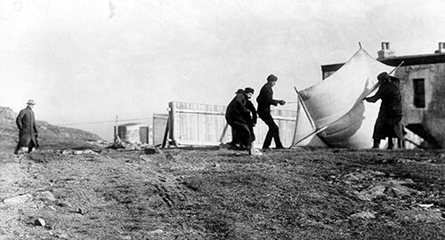 Photograph of Guglielmo Marconi and associates raising the receiving antenna by kite at St. John's, Newfoundland in December, 1901