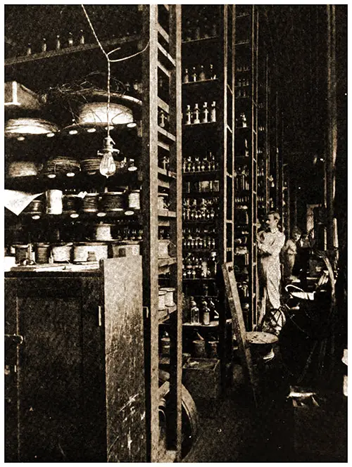 Stock room, Building 5. "The Shelves of Edison's Laboratory Are Said to Contain Samples of Every Known Substance."