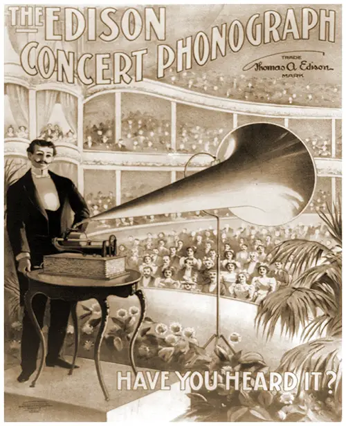 Advertising Poster for Edison Phonographs Showing a Man Playing a Phonograph on a Stage Before a Large Audience Seated in a Grand Concert Hall.