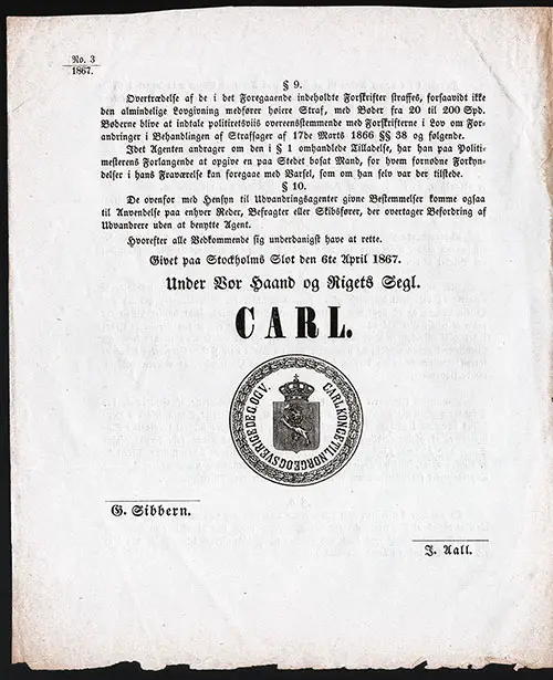 Page 4: Content of the Decree -- the Provisional Emigration Law of Norway - 1867, Sections 9-10