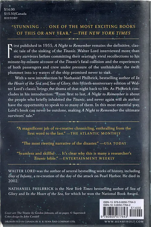 Back Cover, A Night To Remember: The Classic Account of the Final Hours of the Titanic by Walter Lord © 1955/1983/2005.