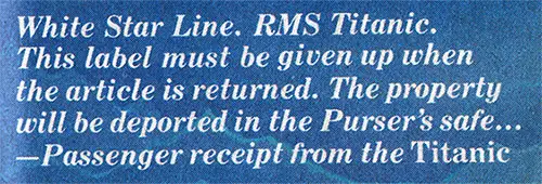 Text from a Receipt from the RMS Titantic for Valuables Kept in the Purser's Safe