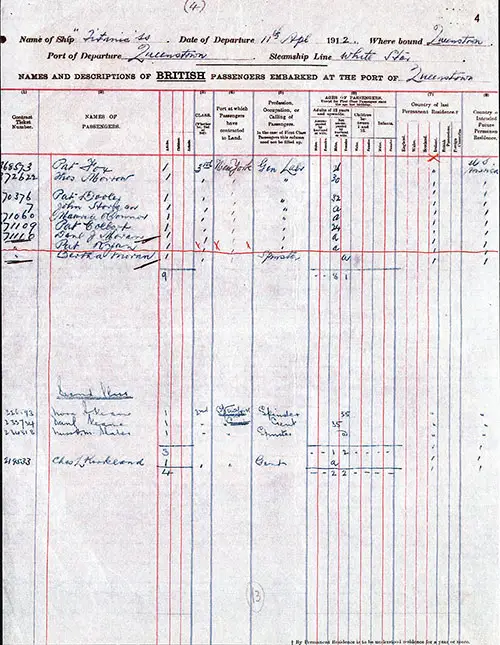 Page 4 of Manifest for Outgoing Passengers from Queenstown to New York dated 11 April 1912