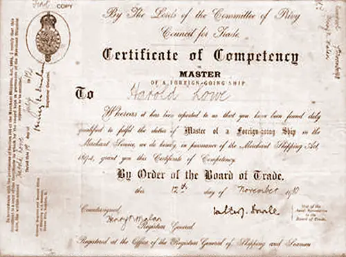 Certificate of Competency Master of a Foreign-Going Ship Awarded to Harold Lowe on 12 November 1910.