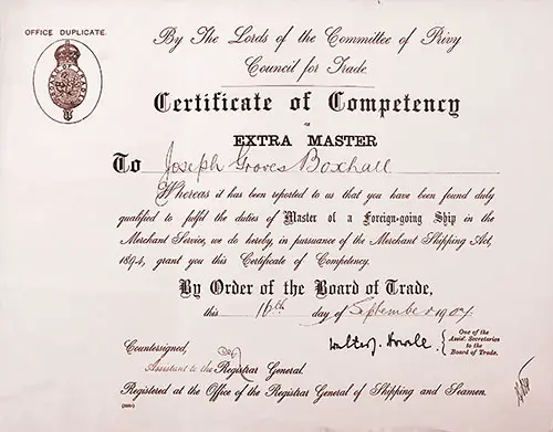 Board of Trade Extra Master Certificate of Competency Awarded to Joseph Groves Boxhall, the Fourth Officer on the Titanic, 16 September 1904.