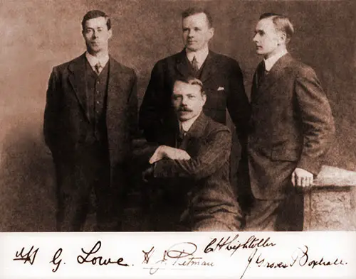Surviving Officers with their Signature: H. G. Lowe, H. J. Pitman, C. H. Lightoller, and J. G. Boxhall, nd, circa 1913.