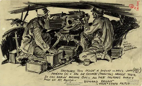 Drawing Shows Two Privates, John Minihan of Rockford, Illinois on the Right, and Sal De George of Manhattan on the Left, Kneeling to Operate a Machine Gun from Their Dugout during the American Offensive on Mt. Austen during the World War 2 Battle of Guadalcanal.