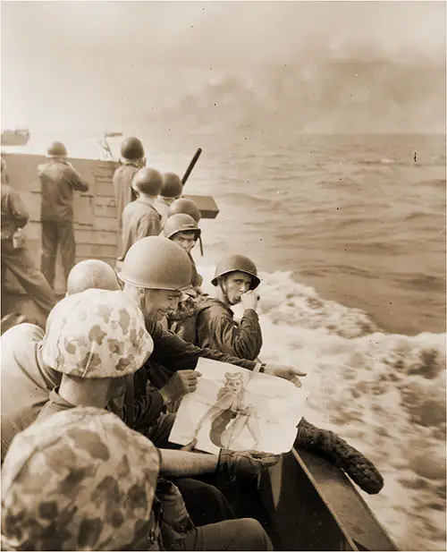 American Marines on a landing barge approaching the Japanese-held island of Tarawa, Gilbert Islands.