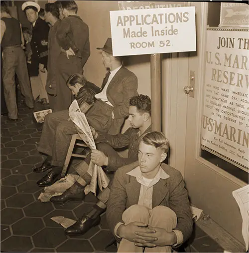 Waiting to Enlist at Recruiting Headquarters, San Francisco, California, circa December 1941.