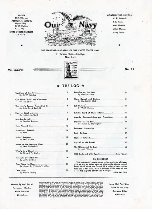 Table of Contents, 1 December 1942 Issue of Our Navy Magazine.