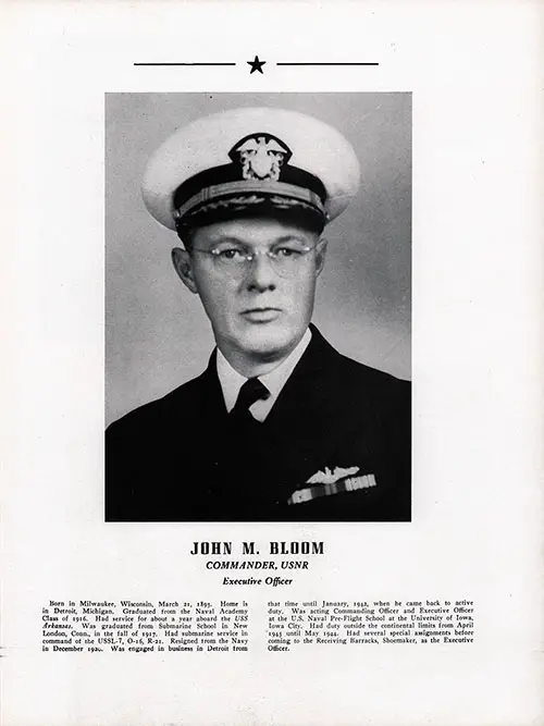 Cmdr. John M. Bloom, USNR, Executive Officer, U.S. Naval Training and Distribution Center, Shoemaker, California.