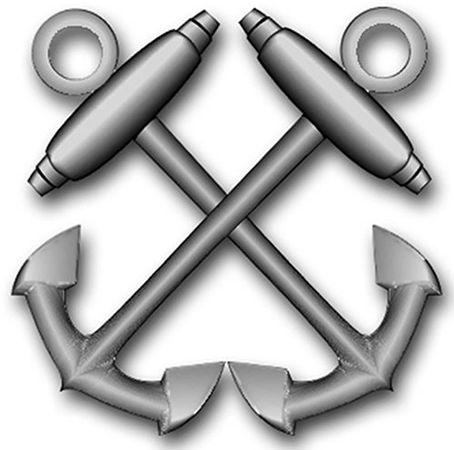 Insignia for US Navy Boatswain's Mate (BM). Crossed Anchors; Crowns Down.