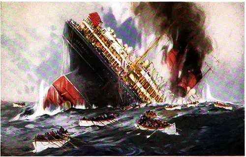 Torpedoing of the SS Lusitania of the Cunard Line.