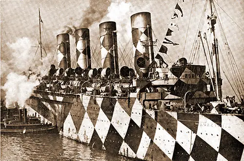 In the Spring of 1918, the "Mauretania" Brought 33,000 American Soldiers to Europe, Shown in Her Dazzle Paint.