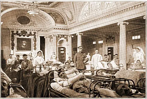 Men's Ward in the Lounge of the Hospital Ship Aquitania.