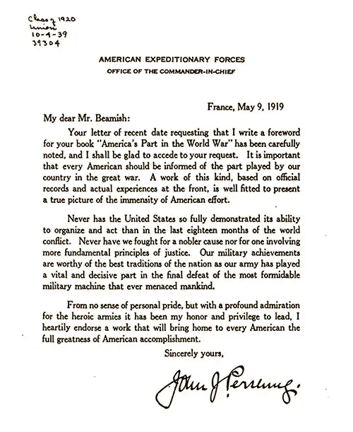 Letter From John J. Pershing To Mr. [Richard] Beamish Dated 9 May 1919 Accepting the Author's Request To Write a Foreword for America's Part in the World War.