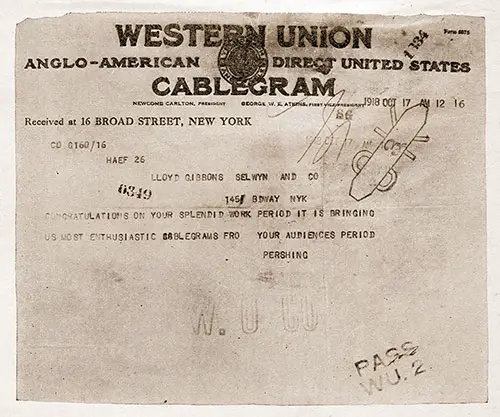 Western Union Anglo-American Direct United States Cablegram from Pershing to Floyd Gibbons, 17 October 1918.