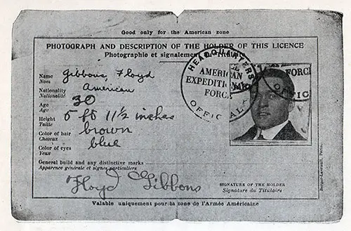 Press Correspondent License Photograph, Description, and Signature Page for Floyd Gibbons.