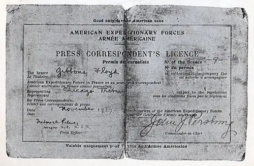Press Correspondent's License, American Expeditionary Forces, Issued to Floyd Gibbons, 1 November 1917.
