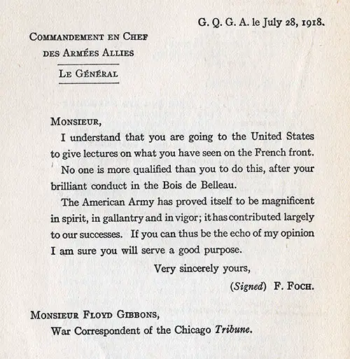 English Translation of Letter from General Ferdinand Foch to Floyd Gibbons, War Correspondent of the Chicago Tribune Dated 28 July 1918.