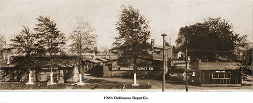 Center: Main Building for the 109th Ordinance Deport Company. The Building on the Left is the Ordinance Depot Office Building.