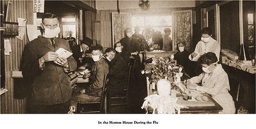 View of the Hostess House During the Flu Epidemic. All Eight Soldiers and Staff Members Shown Are Wearing Masks.
