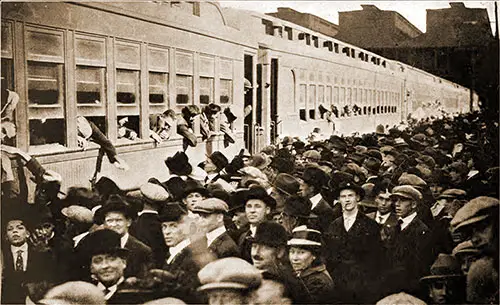 Civilians This Morning, Soldiers This Afternoon. New Recruits Board the Train for Camp Devens in Ayer, Massachusetts, Near Boston, ca Fall of 1917.