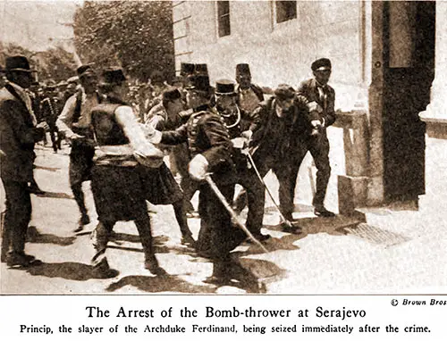 The arrest of the Bomb Thrower at Sarajevo. Princip, the Slayer of Archduke Ferdinand, Being Seized Immediately after the Crime.