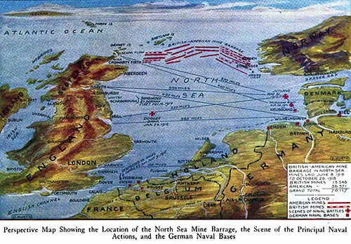 Perspective Map Showing the Location of the North Sea Mine Barrage, the Scene of the Principal Naval Actions, and the German Naval Bases.