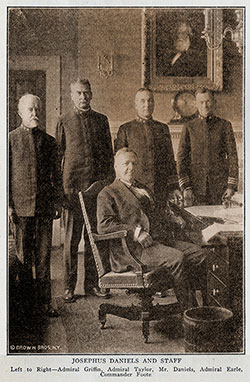 Josephus Daniels and Staff. Left to Right—Admiral Griffin, Admiral Taylor, Mr. Daniels, Admiral Earle, Commander Foote.