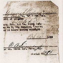 24-Hour Pass Granted by Lt. A. A. Suisendorf, 346th Infantry Personnel Adjutant to Gjenvick, Ludwig 2100540, Corporal in Company C, 346th Infantry, dated 21 February 1919.