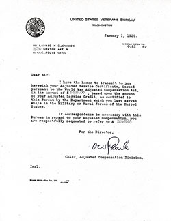 Adjusted Service Certificate Transmission Letter from O. W. Parle, Chief, Adjust Compensation Division to Mr. Ludvig K. Gjenvick, dated 1 January 1925.