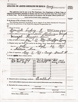 Page 1 of 4 of the Application for Adjusted Compensation for Service in the Army, Completed by Applicant Ludvig K. Gjenvick on 8 July 1924.