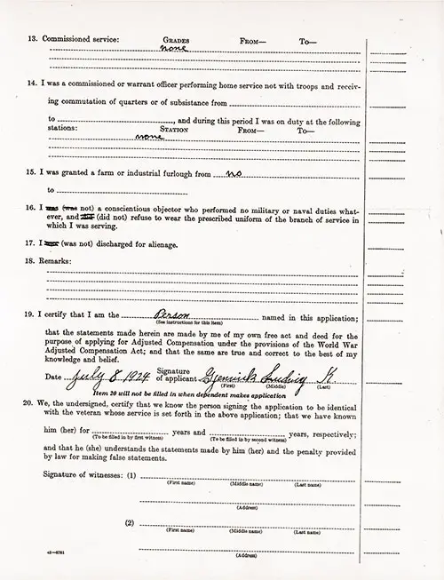 Page 3 of 4 of the Application for Adjusted Compensation for Service in the Army, Completed by Applicant Ludvig K. Gjenvick on 8 July 1924.