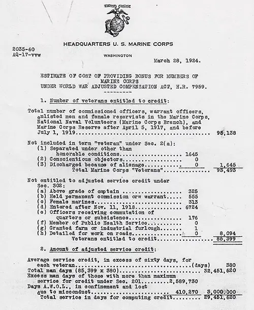 Page 1 of 2, Estimate of Cost of Providing Bonus for Members of Marine Corps Under World War Adjusted Compensation Act, H.R. 7959, March 28, 1924.