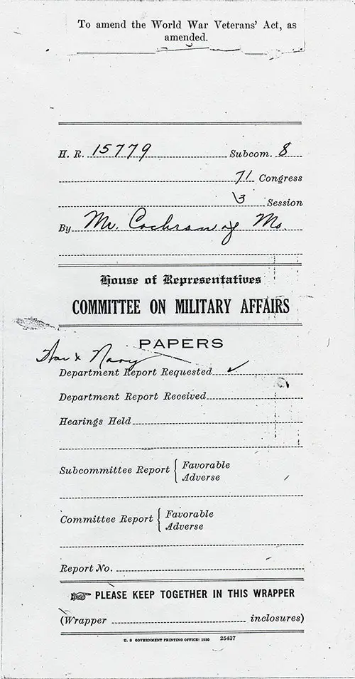 Front Cover of Bill To Amend the World War Veterans' Act, as Amended. H. R. (House of Representatives) 15779, Subcommittee 8, 71st Congress, 3rd Session by Mr. Cochran of MS.