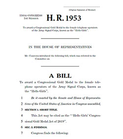 Page 1 of HR 1953, a Bill to Award the Congressional Gold Medal to the "Hello Girls" of World War 1, 28 March 2019.