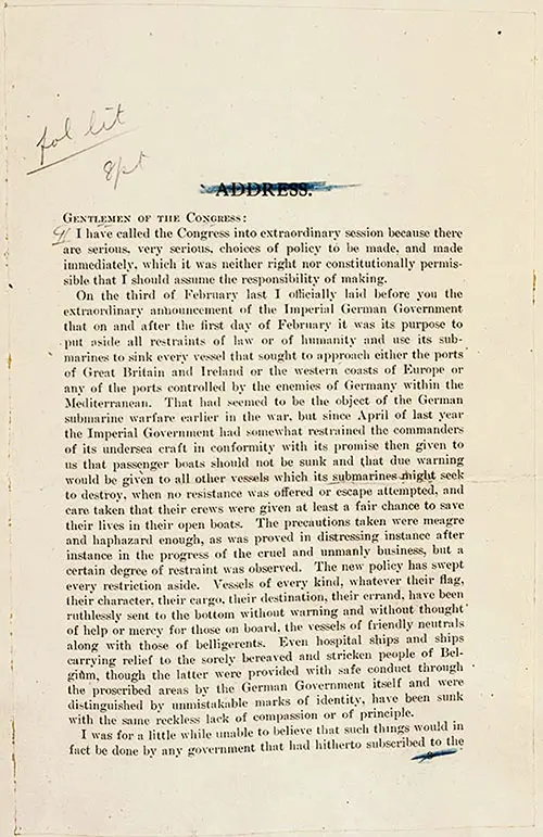Joint Address to Congress Leading to a Declaration of War Against Germany, 2 April 1917.