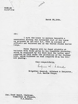 Letter from Brigadier General Rufus H. Lane to Hon. Reed Smoot, Chairman, Committee on Finance, U.S. Senate, Dated 28 March 1924.