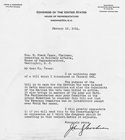 Letter from Congressman John J. Cochran of Missouri to Hon. W. Frank James, Chairman, Committee on Military Affairs, House of Representatives, Dated 12 January 1931.
