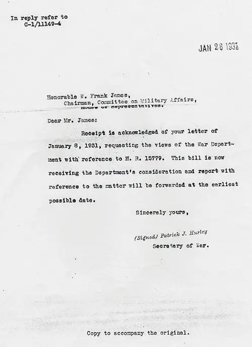 Letter From Patrick J. Hurley, Secretary of War to Honorable W. Frank Janes, Chairman, Committee on Military Affairs, House of Representatives, Dated 26 January 1931.