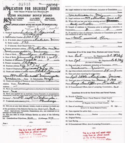 43 Questions on the Minnesota Application for a World War 1 Soldiers' Bonus Under Chapter 49 Special Laws Minnesota 1919