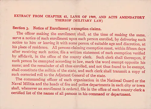 Back Side, State of New York, Notice of Enrollment Under Military Law for Harry Aaron Berger of Bronx, New York City, Dated 22 June 1917.