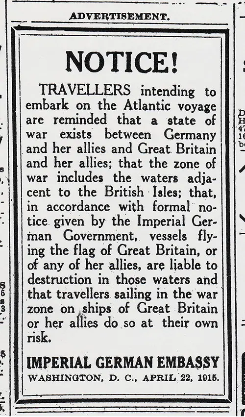 Warning by the Imperial German Embassy to Passengers on the Lusitania, 22 April 1915.