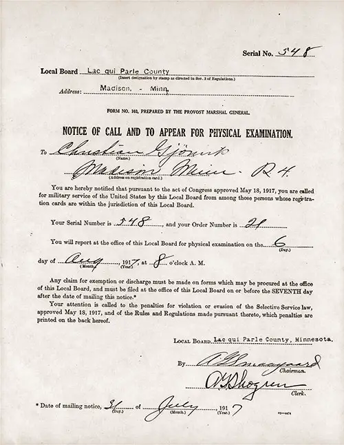 Notice of Call and to Appear for Physical Examination for Christian Gjenvik, Red Ink Serial Number 548, Lac qui Parle County, Madison, Minnesota, 31 July 1917.