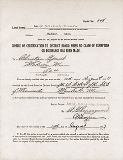 Notice of Certification to District Board when No Claim of Exemption or Discharge has been Made, Christian Gjenvik of Madison, Minnesota, Red Ink Serial Number 548, Dated 12 August 1917.