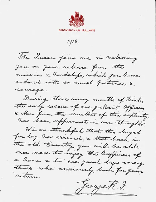Letter from King George V to British POW's On Their Release in 1918.