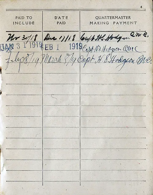 Allied Expenditionary Force Pay Record for Sgt. 1st Class Harry B. Coulter Showing Payments Made and Signature of Quartermaster Making Payment.