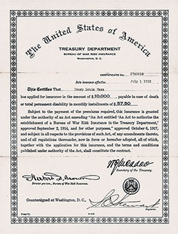 Example of a War Rick Insurance Certificate the the Hello Girls, Female Telephone Operators